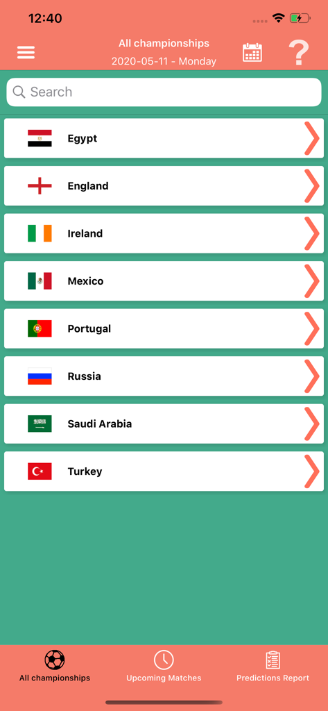 Bullet Bet Predictions - Screenshot of the Bullet Bet Predictions app showing a list of soccer championships by country including England and Portugal
