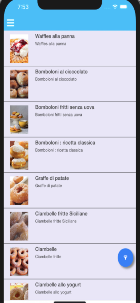 A list of Italian dessert recipes on the Ricette per Mambo app featuring waffles and chocolate doughnuts