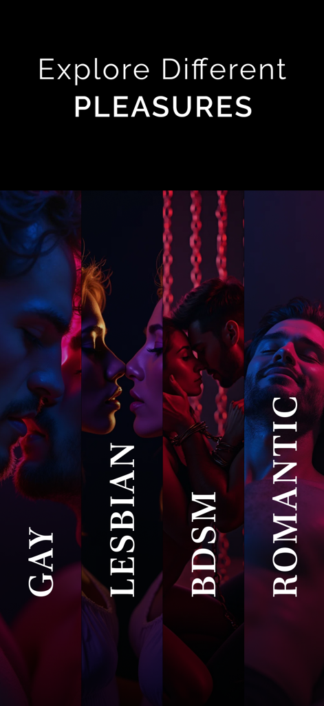 Bang: Erotic Sex Stories App - A mobile app screen titled Explore Different Pleasures showing categories for Gay Lesbian BDSM and Romantic stories.