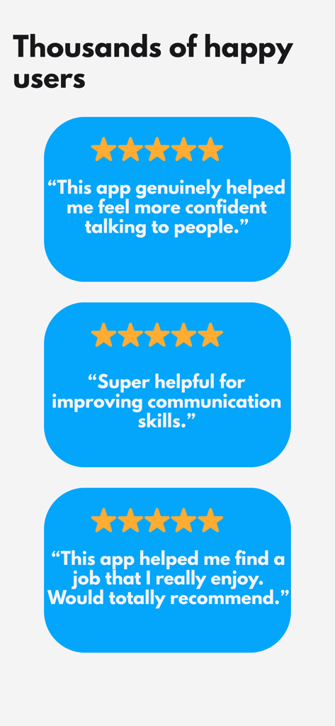 Kodi AI: Speaking Coach - User testimonials showing five star reviews and positive feedback for the Kodi AI Speaking Coach app
