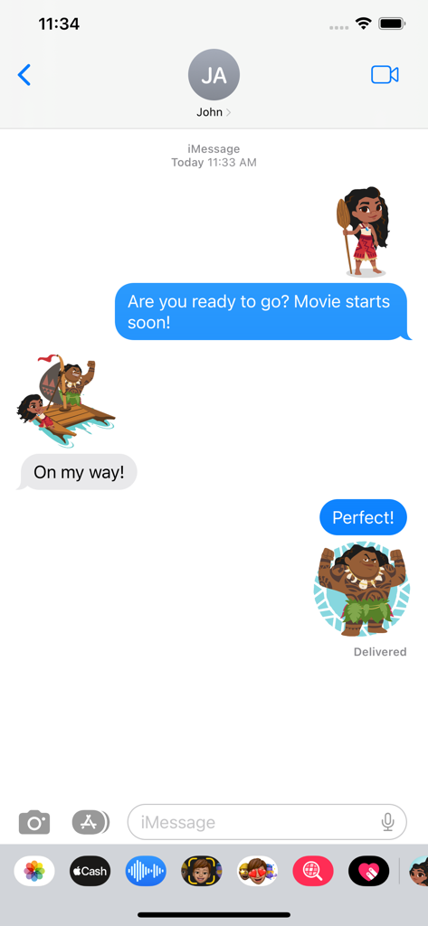 Disney Stickers: Moana 2 - An iMessage conversation screen displaying Moana 2 digital stickers used in a text chat.