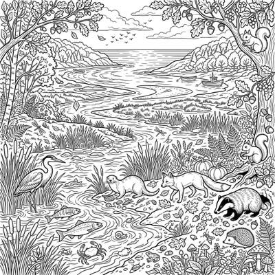 Step into the vibrant world where rivers meet the sea, beautifully captured in this autumn estuarine coloring page. Discover a rich tapestry of nature, complete with charming woodland creatures and seasonal delights.