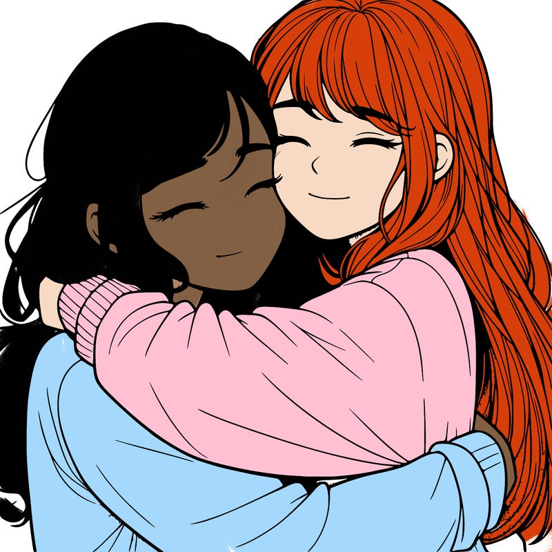 realistic two girls hugging