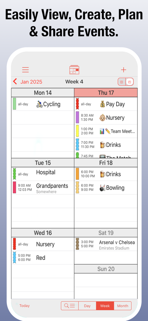 PocketLife Calendar - Vista del programma settimanale dell'app PocketLife Calendar su un iPhone che mostra vari eventi giornalieri e icone codificati per colore