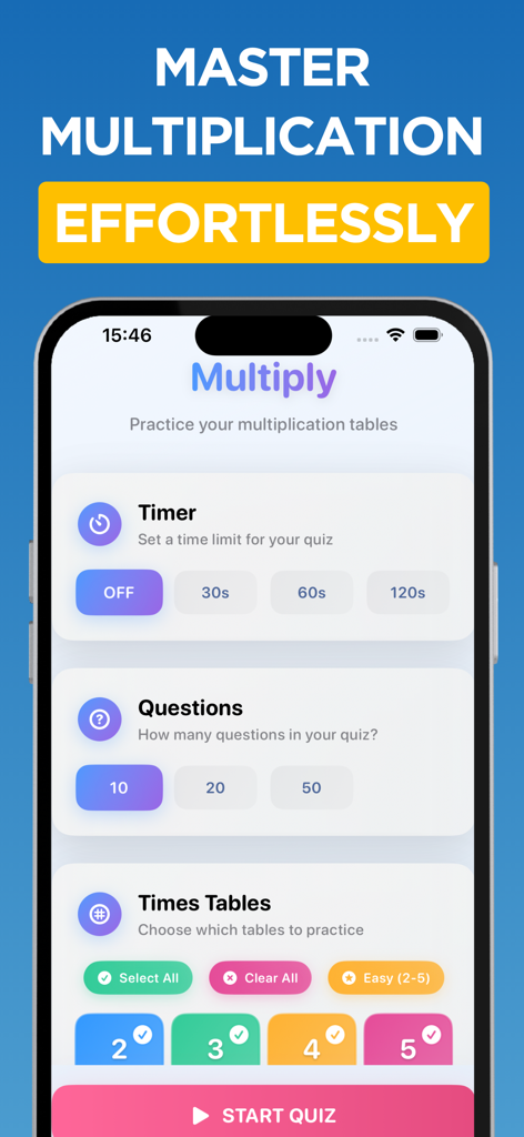 Multiplication, times tables - Customizable multiplication quiz setup screen with options for timer question count and times table selection