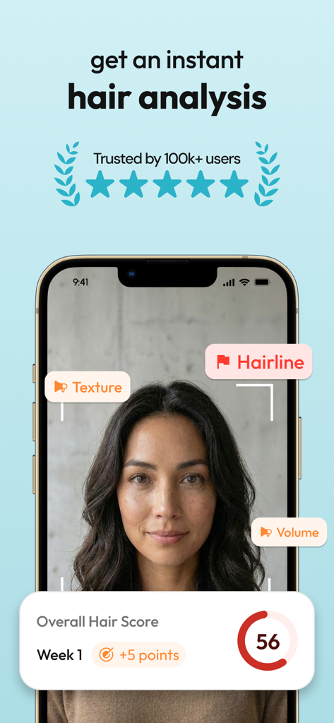 A smartphone interface of the Kera app showing an AI hair analysis with assessments for texture, hairline, and volume along with an overall hair score.