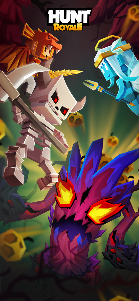 Hunt Royale: Action RPG Battle - Voxel characters and monsters in a battle scene from Hunt Royale Action RPG.