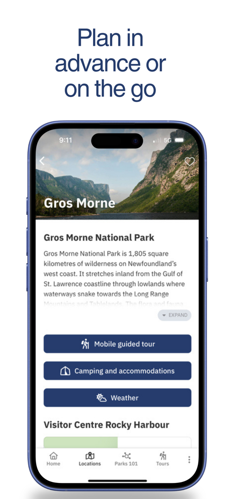 Parks Canada App - Bildschirm der Parks Canada App, der Details zum Gros Morne Nationalpark mit Schaltflächen für mobile geführte Touren und Camping anzeigt