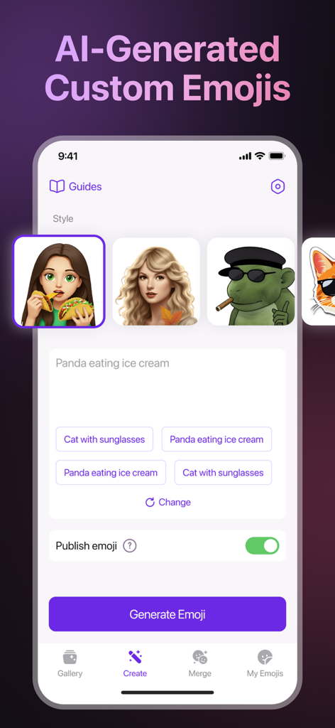 AI Emoji Maker - Merge Emoji - AI Emoji Maker app interface showing how to generate custom emojis with text prompts like panda eating ice cream