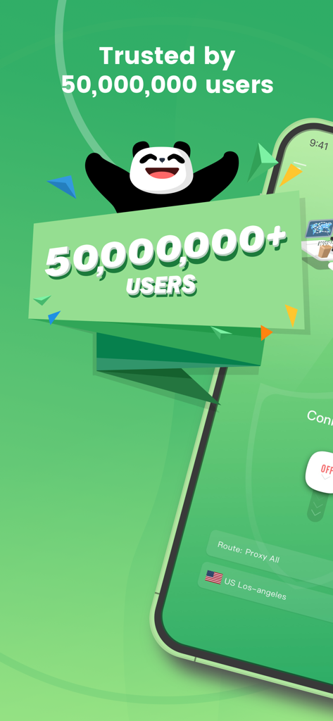 Happy panda mascot celebrating over 50 million trusted users for PandaVPN Lite