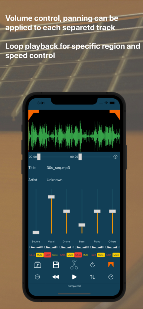 Let's Unmix - Lets Unmix mobile app interface featuring volume sliders and panning controls for isolated vocals drums and bass tracks