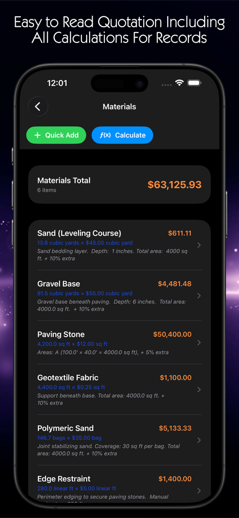 Paving Estimator - Paving Estimator app screen showing a detailed list of project materials and total costs
