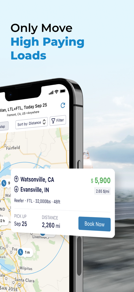 Trucker Path Load Board - Smartphone screen showing the Trucker Path app with a high-paying freight load offer and a book now button.