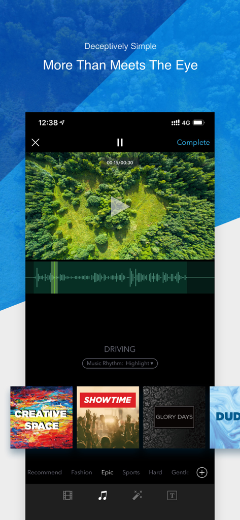 Video editing screen in the DJI GO 4 app featuring aerial footage and music templates