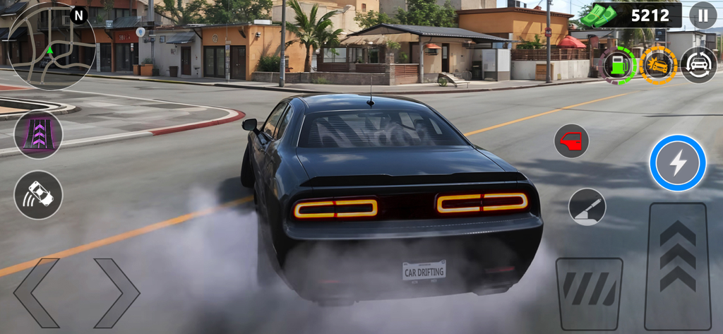 Open World Car Race Drive 3D - Un coche tipo muscle car negro derrapando en una calle de la ciudad con humo de neumáticos en un juego de carreras 3D