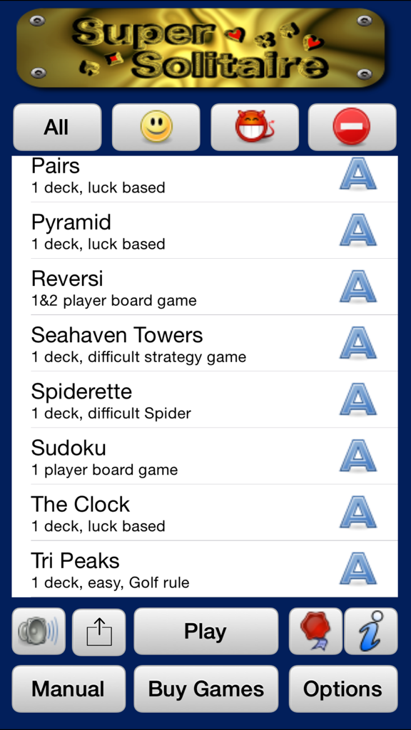 Simply Solitaire - A list of card games including Pairs, Pyramid, and Sudoku in the Simply Solitaire mobile app menu.