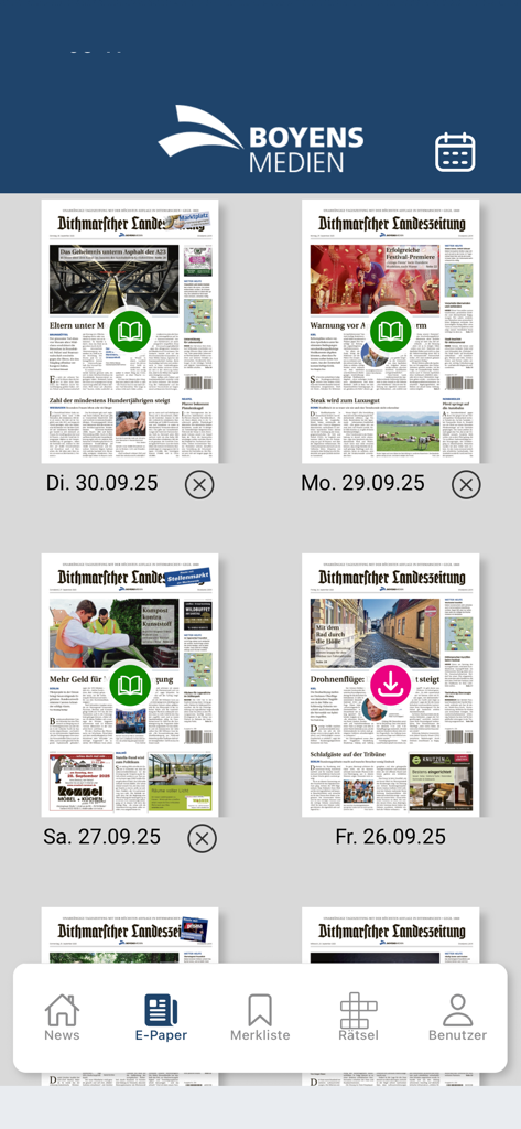 Boyens Medien App digitales Zeitungsarchiv zeigt mehrere Ausgaben der Dithmarscher Landeszeitung