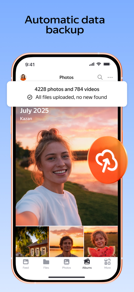 Smartphone screen showing Yandex Disk app with automatic data backup notification and photo gallery
