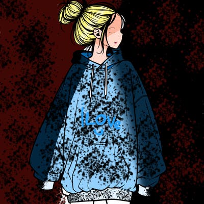 realistic girl with a oversized sweatshirt on and a bun