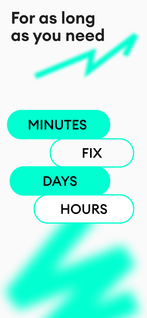 분, 시간, 일 단위의 유연한 차량 렌탈 옵션을 보여주는 앱 인터페이스.