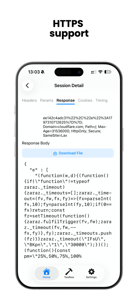 Screenshot of PacketPro app showing HTTPS response details and session body.