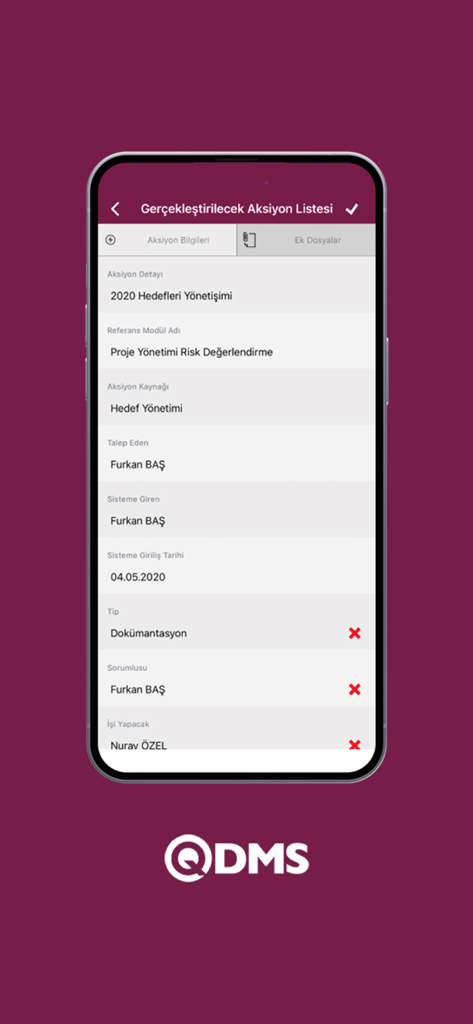 QDMS v2 - Bimser Çözüm - QDMS v2 mobile App-Oberfläche mit Details zur Aktionsverwaltung und Aufgaben Zuweisungen