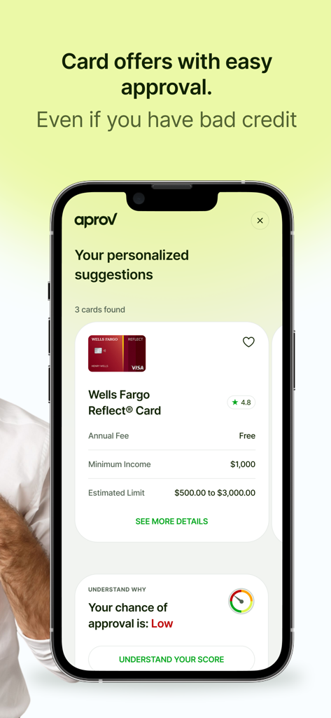 Aprov app screen showing personalized credit card suggestions and approval odds for users with bad credit