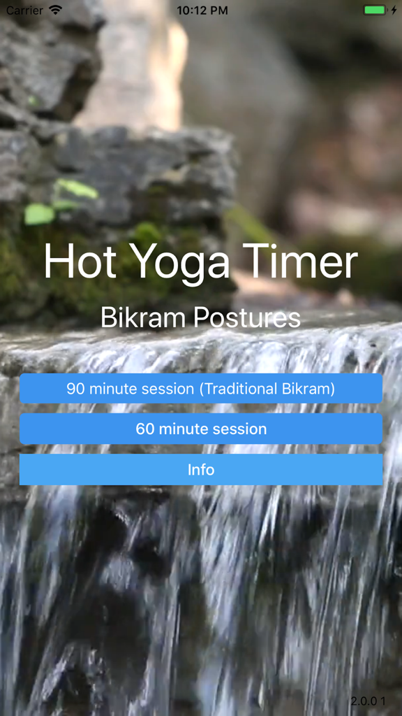 Main menu of the Hot Yoga Timer app showing options for 90 minute and 60 minute Bikram sessions