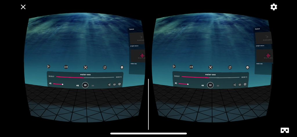 Stereoscopic 3D view of the PLAY'A VR video player showing an underwater scene and playback controls