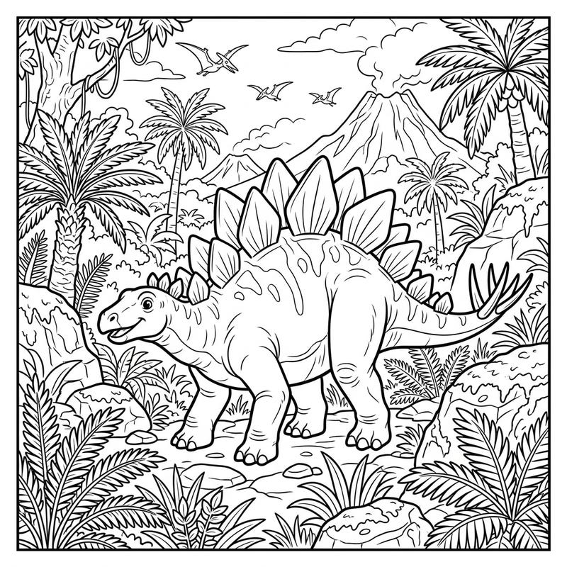 Dive into a prehistoric world with this exciting Stegosaurus habitat coloring page, perfect for young dinosaur enthusiasts. Kids aged 4-8 will love bringing this detailed Jurassic scene to life with their favorite colors.