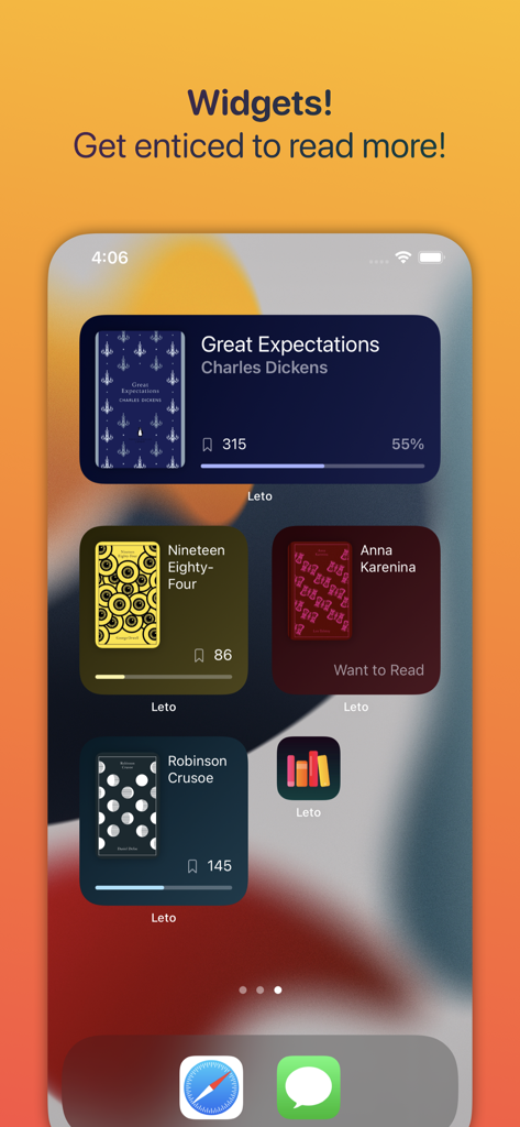Home Library Manager - Leto - iOS home screen widgets displaying book reading progress and covers from the Leto app