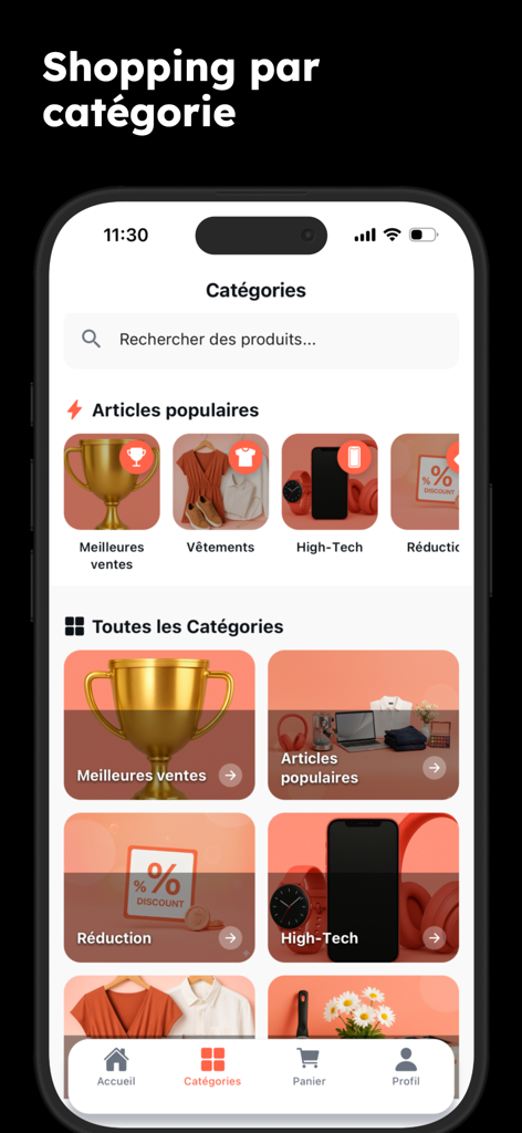Liigo App - The categories screen of the Liigo mobile shopping app showing sections for best sellers electronics and clothing