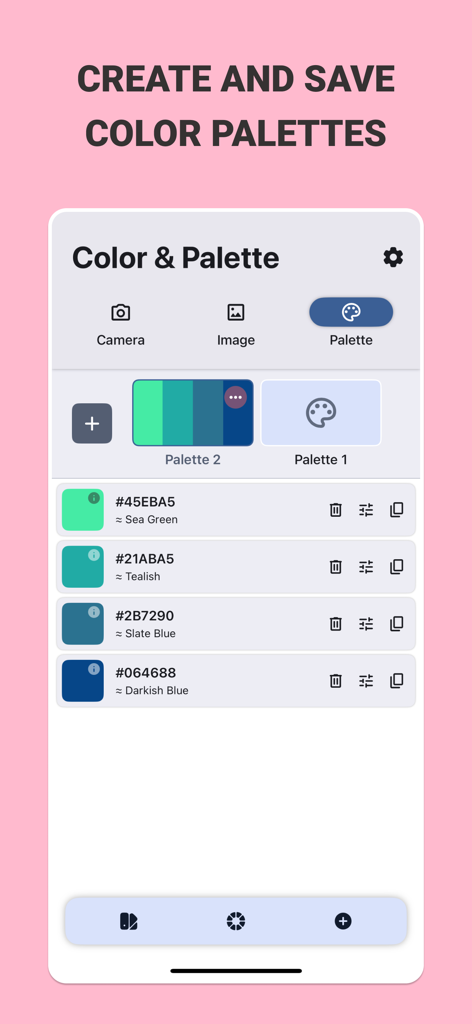 Mobile app interface for creating and saving color palettes with hex codes