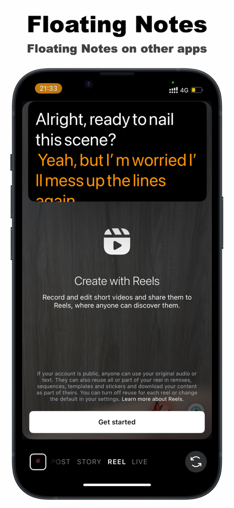 Teleprompter TikCue - Teleprompter script floating over Instagram Reels recording screen
