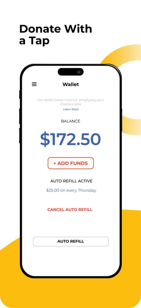 Tzedakah Pushka - Charity Box - A interface da carteira do aplicativo Tzedakah Pushka exibindo um saldo atual e o status de recarga automática
