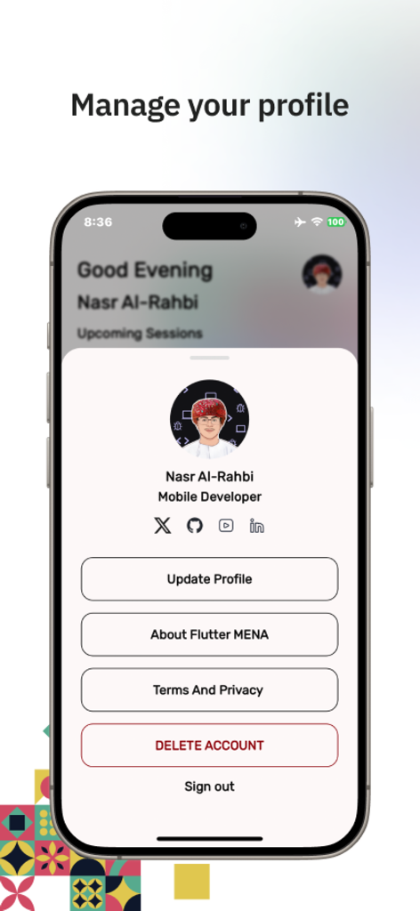 Flutter MENA Online Conference - 소셜 미디어 링크 및 계정 설정이 있는 개발자 프로필을 특징으로 하는 플러터 MENA 앱의 프로필 관리 화면
