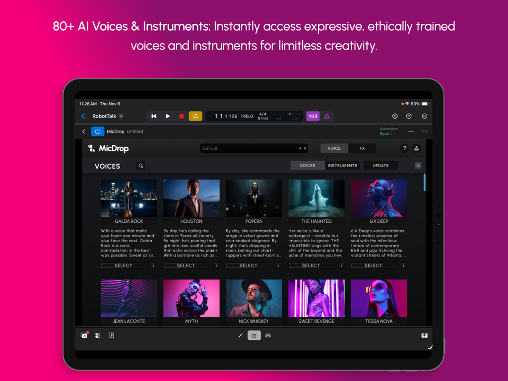 MicDrop - Pro Vocals - MicDrop app showing a library of professional AI voices and instruments on iPad