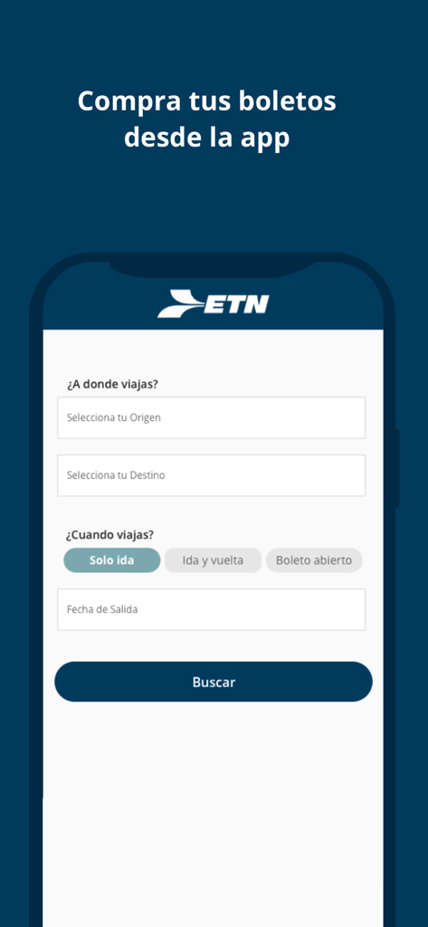 Écran de l'application de réservation de bus ETN montrant les options de recherche de billets pour des destinations de voyage mexicaines