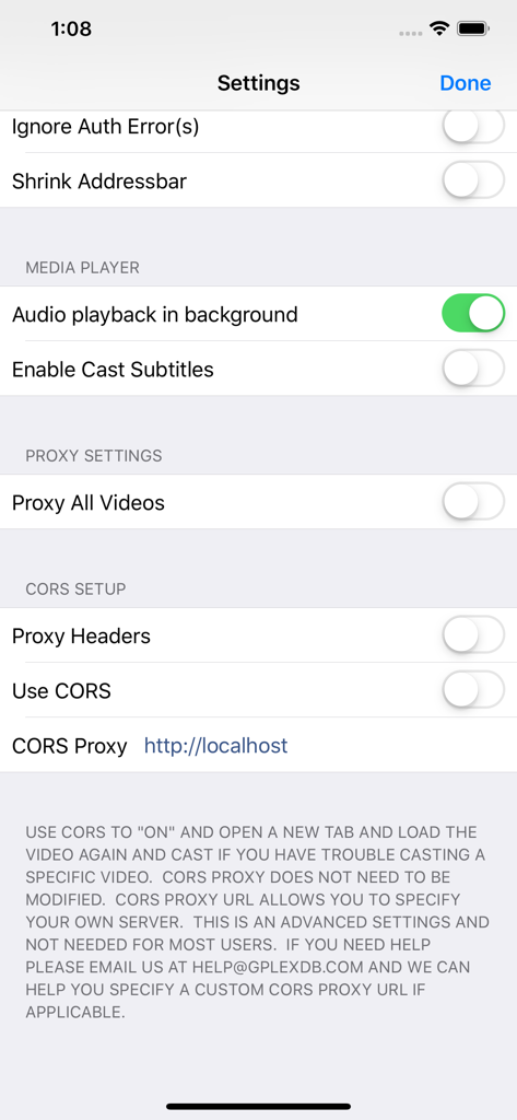 Rocket Video Cast - Pantalla de configuración avanzada de la aplicación Rocket Video Cast que muestra opciones del reproductor multimedia y configuración de proxy