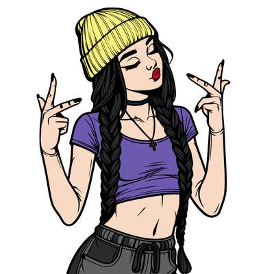 realistic teenage girl with braids and a beanie and crop top doing 🫶🏼