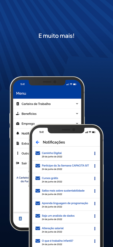 Interface do aplicativo Carteira de Trabalho Digital mostrando o menu principal e uma tela de notificações em dois dispositivos móveis