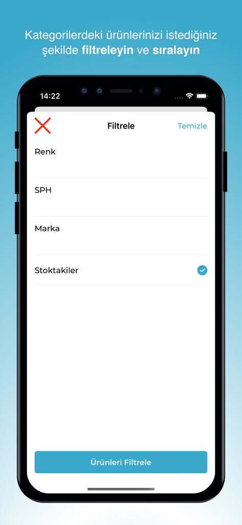 Lensoptik.com - Filter options for contact lenses including color brand and stock status on the Lensoptik app