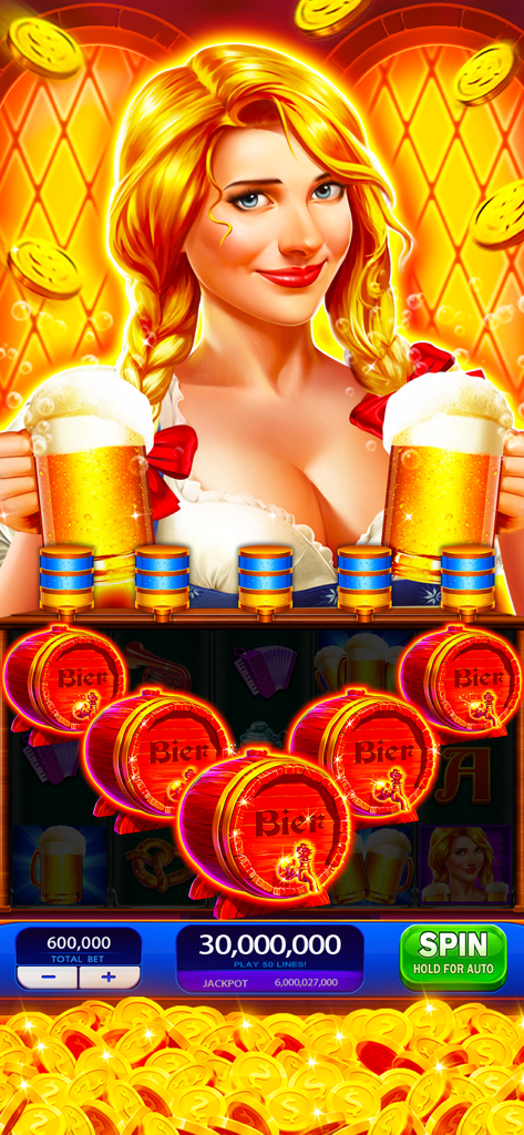 Interfaz de máquina tragaperras temática de Oktoberfest con una gran victoria de bote y símbolos de barril de cerveza