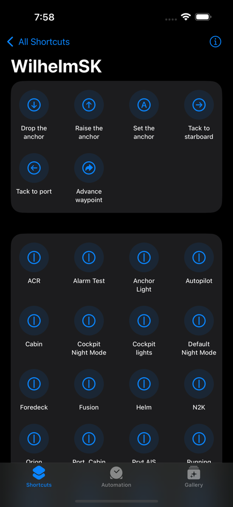 WilhelmSK - WilhelmSK iOS shortcuts screen showing anchor navigation and boat lighting controls