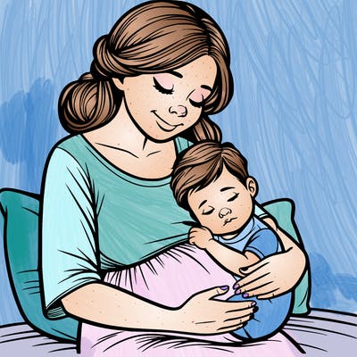 a realistic pregnant woman hugging her child