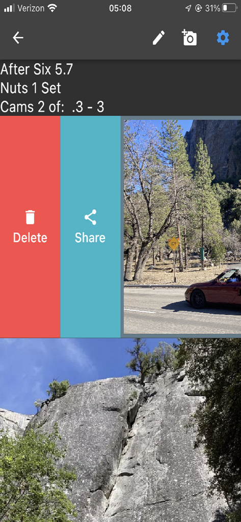 Interfaz de la aplicación Yosemite Valley Climbing Guide que muestra detalles de la ruta y equipo requerido