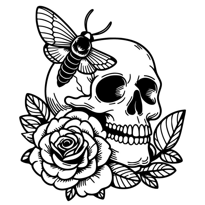 skull with roses and death moth