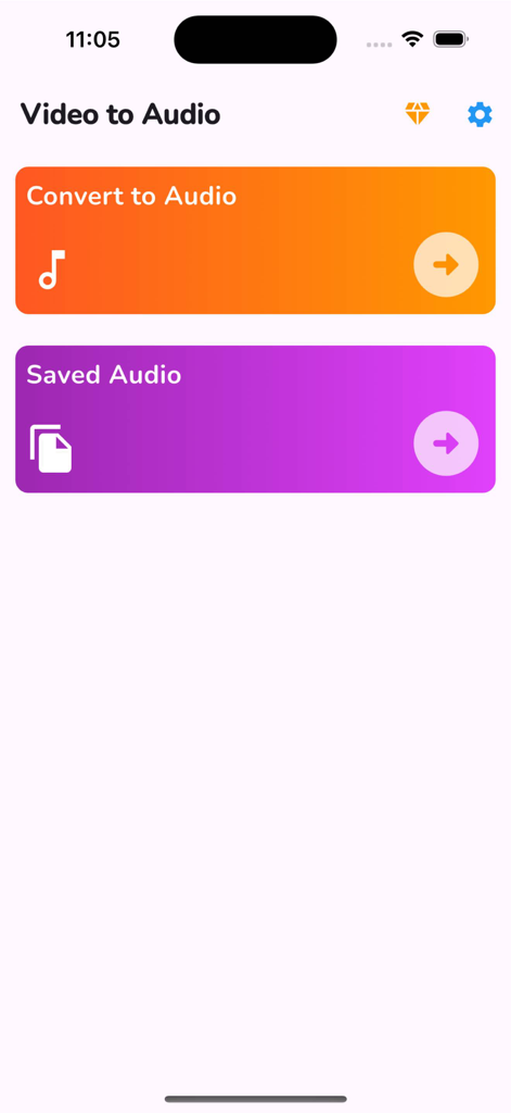 Menú principal de la aplicación Vídeo a Audio con botones para Convertir a Audio y Audio Guardado