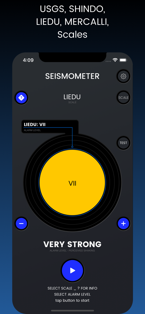 Seismometer app interface showing Liedu seismic scale intensity level seven very strong