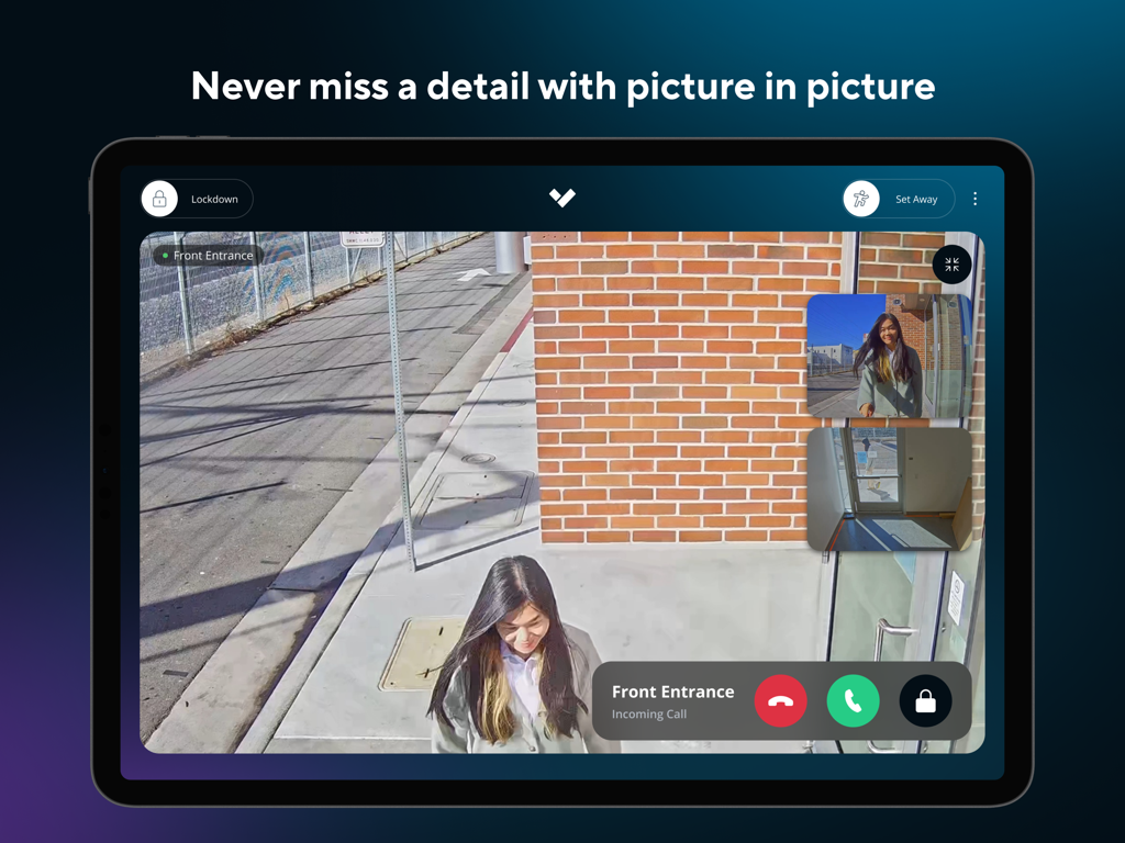 Verkada Desk Station - Verkada Desk Station app on iPad showing an incoming intercom call with picture in picture security camera feeds